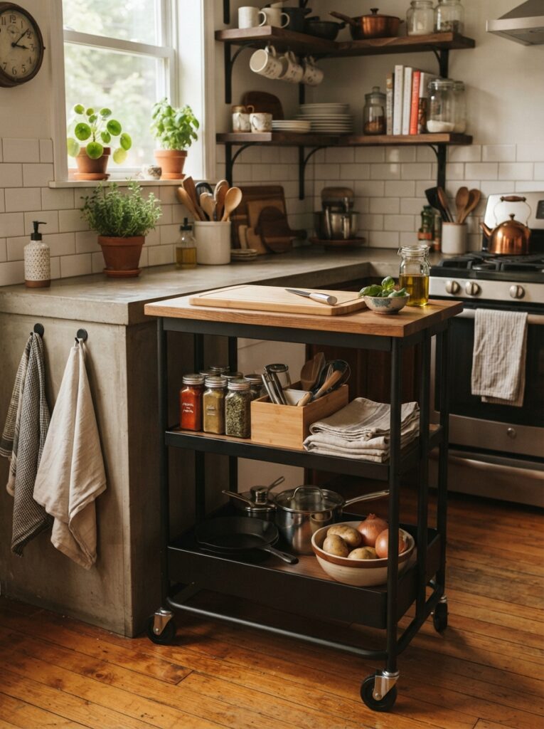 ![A rolling cart in a studio kitchen, providing both storage shelves and extra prep surface, warm kitchen lighting, vertical Pinterest photography, warm dual-purpose styling.]