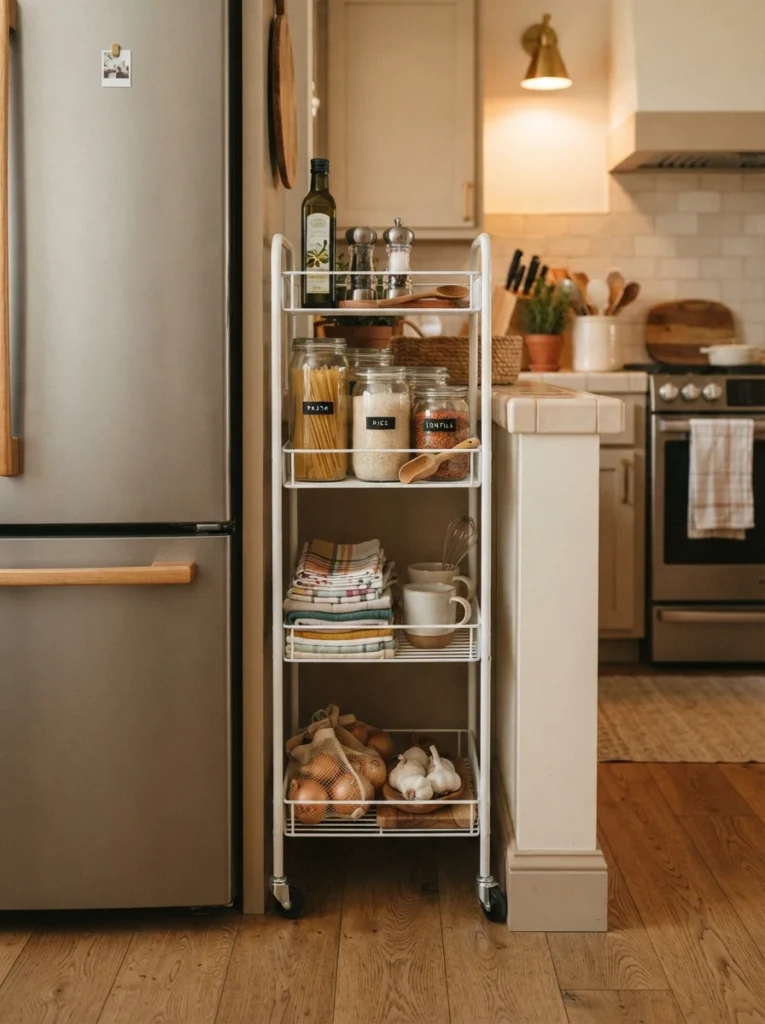 A slim rolling cart tucked into a narrow gap between kitchen appliances, holding multiple tiers of storage, warm kitchen lighting, vertical Pinterest photography, warm gap-filling styling.