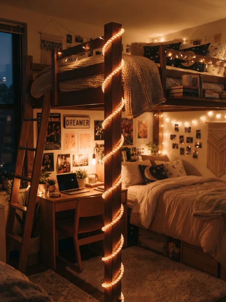 Warm rope lighting wrapped around the post of a lofted dorm bed, soft glowing spiral, cozy compact room styling, evening ambiance, vertical Pinterest photography, warm playful tones.