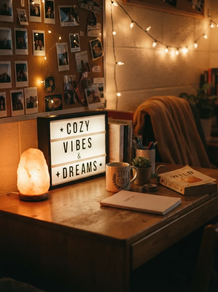 A small glowing salt lamp beside a light-up message board on a dorm desk, warm cozy personality-filled styling, evening ambiance, vertical Pinterest photography, warm intimate tones.