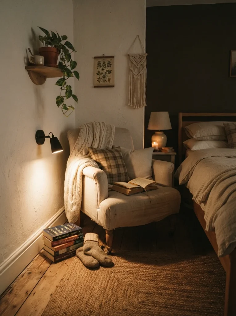 A small bedroom corner with a downlight-style plug-in sconce casting a soft focused glow toward the floor, warm intimate light pooling near a reading chair, neutral cozy textiles, evening ambiance, vertical Pinterest photography, warm shadow-rich tones.