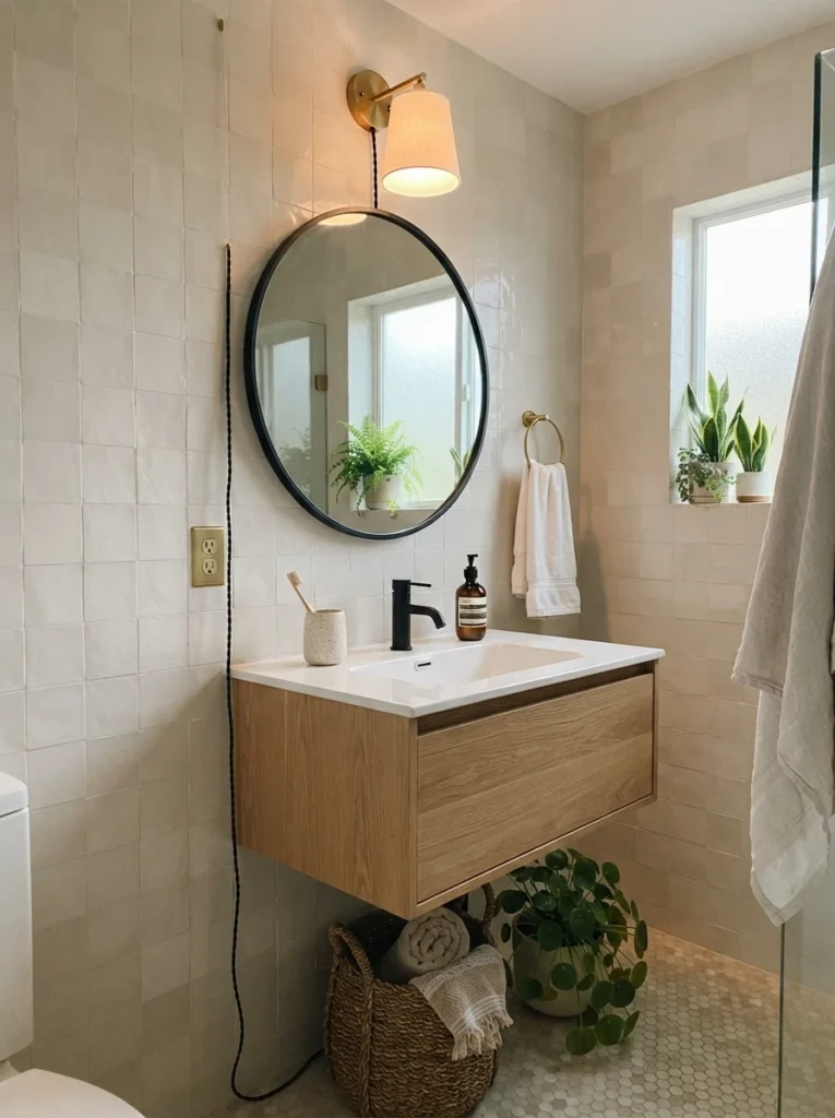 A compact bathroom with a single elegant plug-in sconce mounted centered above a round mirror, warm downward glow spreading evenly across the vanity, soft neutral tile, minimalist styling, natural daylight mixing with warm lamp light, vertical Pinterest photo.