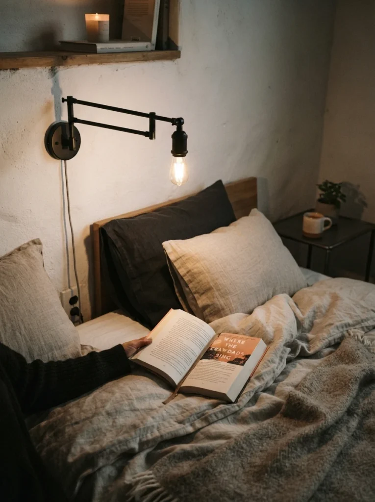 A black matte swing-arm plug-in sconce extended over a pillow in a small bedroom, warm focused light on an open book, cozy neutral bedding, evening ambiance, minimalist industrial styling, vertical Pinterest photography, warm shadow detail.