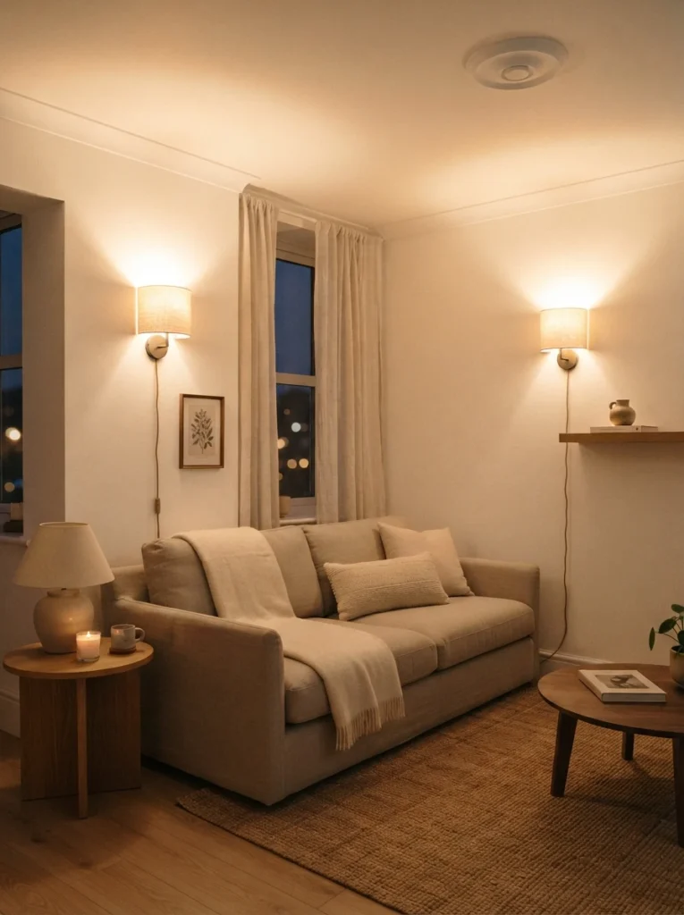 A small living room with two matching uplight plug-in sconces on opposite walls, warm golden light washing up a white ceiling, cozy neutral sofa below, evening ambiance, minimalist styling, vertical Pinterest interior photography, warm airy tones.