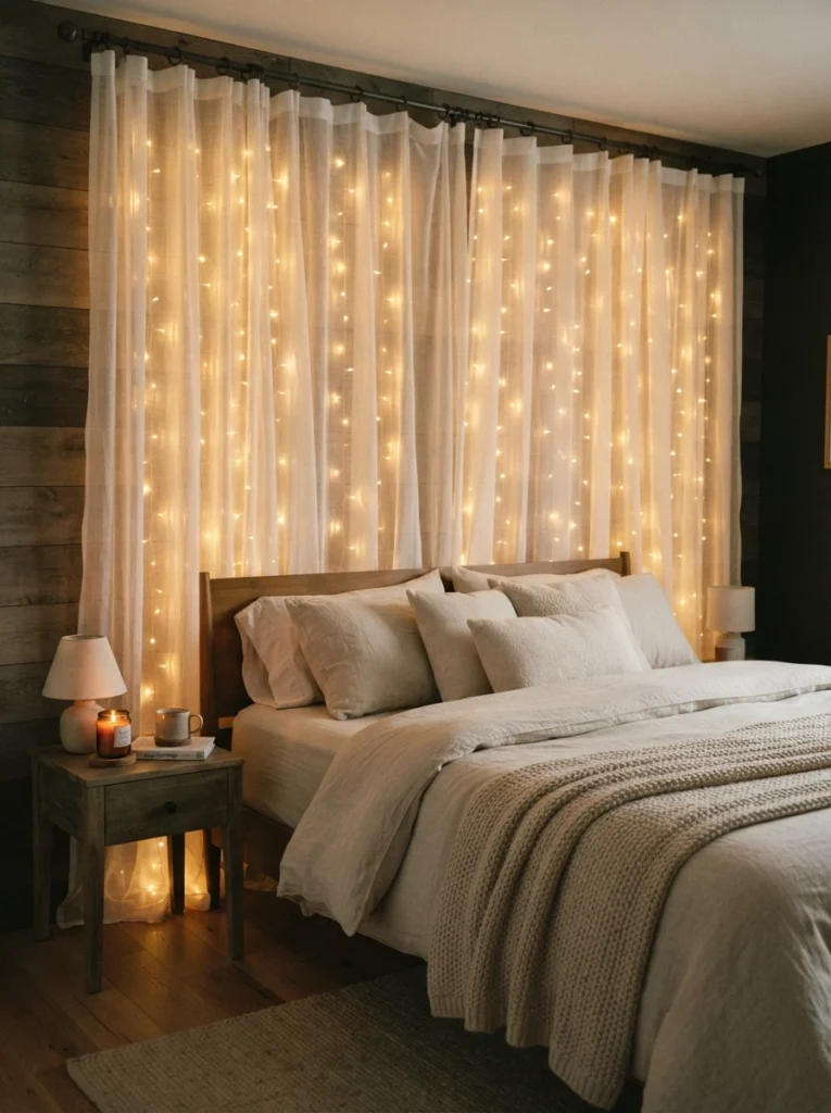 Sheer curtains hanging behind a bed with warm fairy lights woven through the rings, soft diffused glow filtering through the fabric, cozy neutral bedding, evening ambiance, vertical Pinterest photography, warm calming tones.