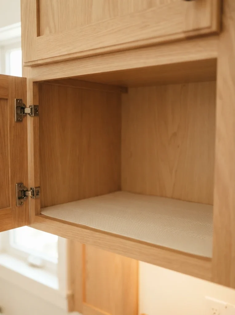 A non-slip shelf liner installed inside a kitchen cabinet before adding items, warm kitchen lighting, vertical Pinterest photography, warm protective styling.
