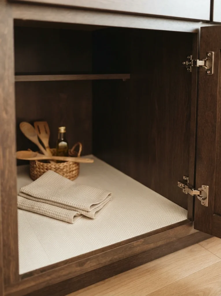 A water-resistant shelf liner installed inside a deep cabinet before pots and pans are added, warm kitchen lighting, vertical Pinterest photography, warm protective styling.