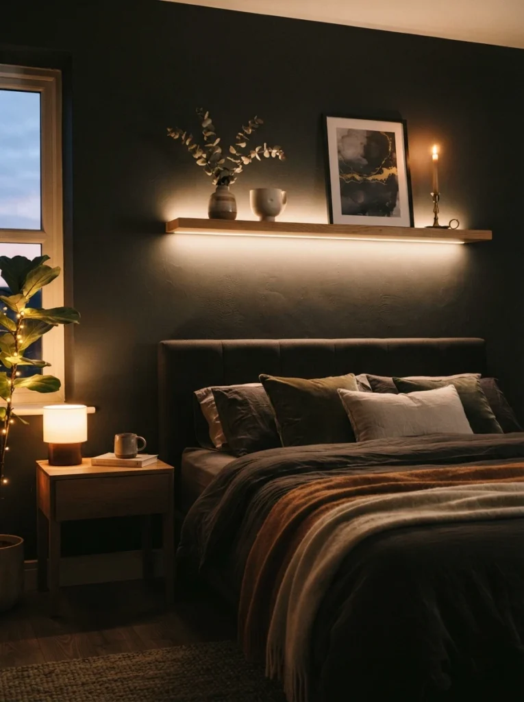 A small dark moody bedroom during daytime, sheer curtains diffusing soft natural light across deep charcoal walls, cozy velvet bedding, warm daytime ambiance, vertical Pinterest photography, soft natural warm tones.