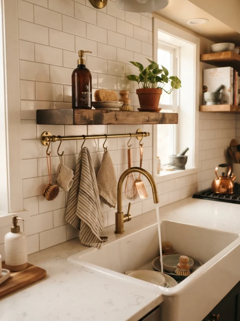 A small shelf above a kitchen sink holding soap and a sponge, hanging hooks nearby, warm kitchen lighting, vertical Pinterest photography, warm above-sink styling.
