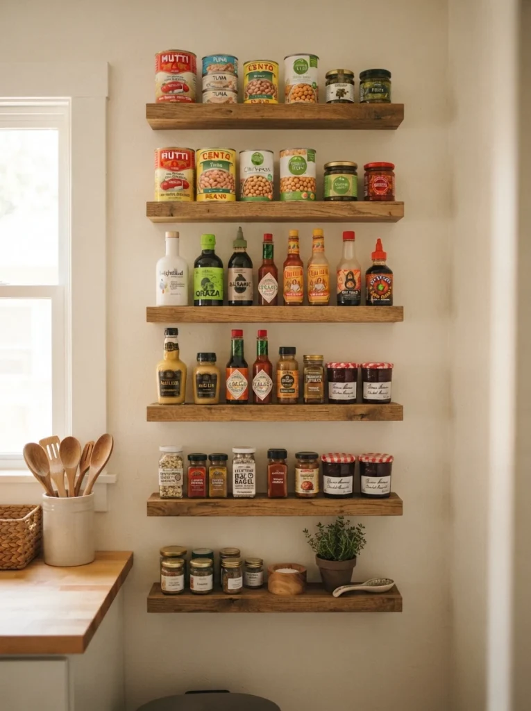 Multiple shallow wooden spice and can ledges mounted on a small accent wall, holding rows of canned goods and condiment bottles, vertical Pinterest photography, warm shallow-shelf styling.