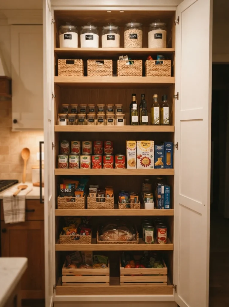 Additional shelves installed inside a deep pantry cabinet, creating shallower individual shelf spaces, warm kitchen lighting, vertical Pinterest photography, warm shelf-added styling.