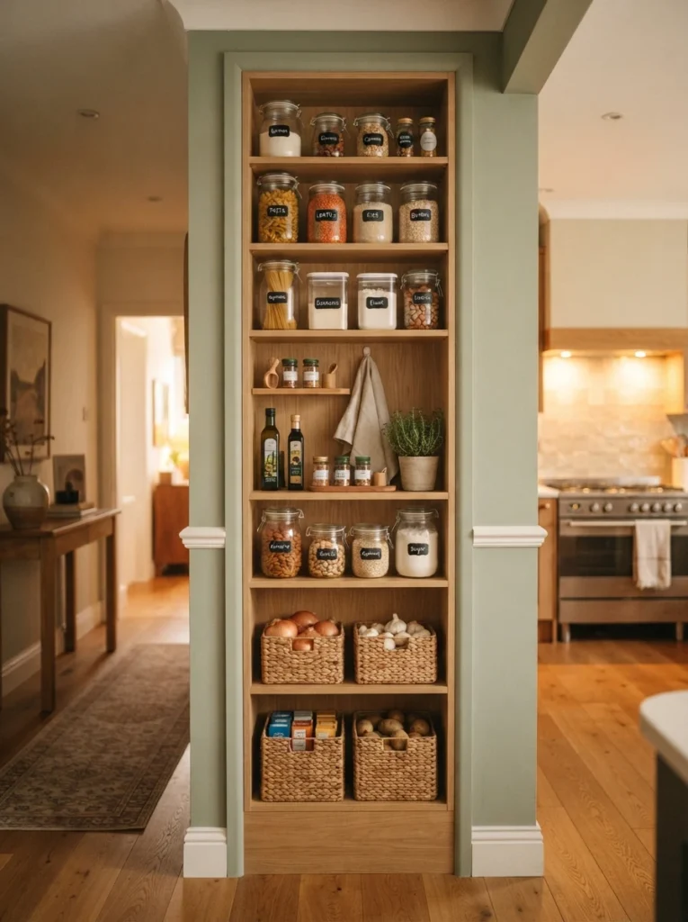 A narrow shelving unit built into a hallway nook near a kitchen, filled with organized pantry items, warm hallway lighting, vertical Pinterest photography, warm tucked-away styling.
