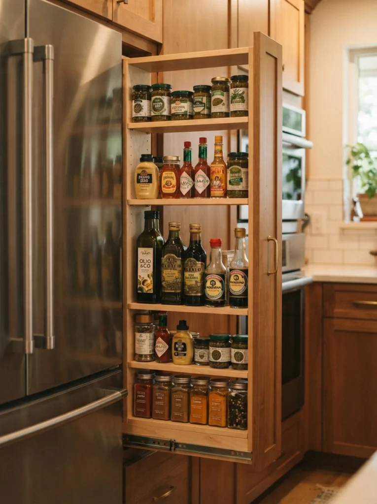 A narrow deep shelving unit holding a single row of bottles and jars, tucked into a gap between appliances, warm kitchen lighting, vertical Pinterest photography, warm narrow-shelf styling.
