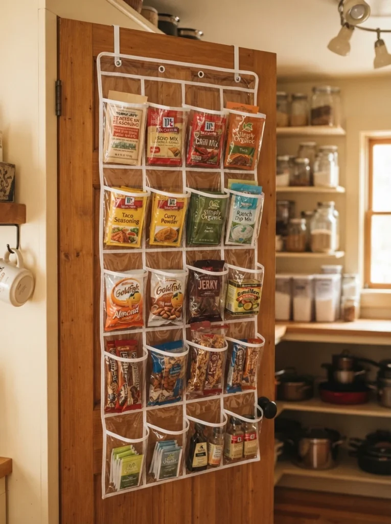 A clear over-the-door shoe organizer repurposed on a pantry door, holding seasoning packets and small snacks in individual pockets, warm kitchen lighting, vertical Pinterest photography, warm repurposed styling.
