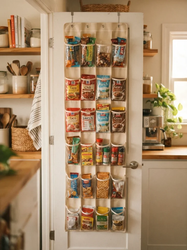 A clear-pocket shoe organizer hung on a pantry door, holding small snacks and seasoning packets, warm kitchen lighting, vertical Pinterest photography, warm dollar-store styling.