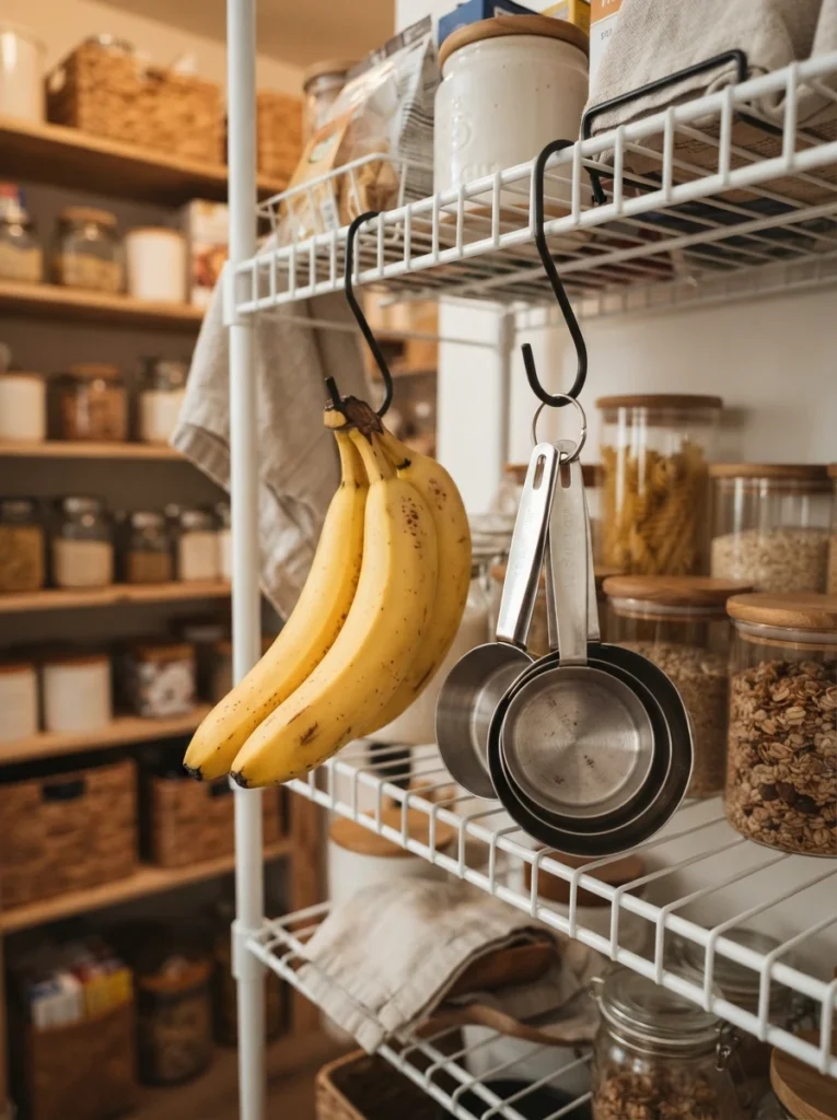 Shower curtain hooks clipped to a wire pantry shelf, holding bananas and measuring cups, warm kitchen lighting, vertical Pinterest photography, warm hanging styling.