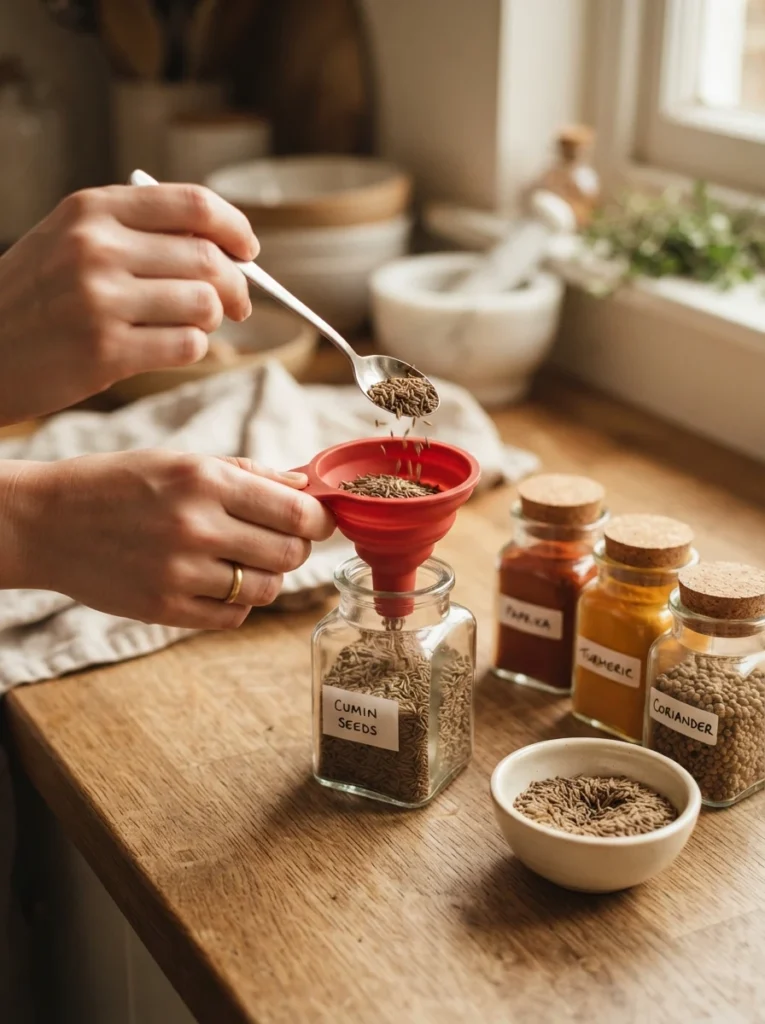 A small silicone funnel being used to pour spices into a glass jar, minimal mess, warm kitchen lighting, vertical Pinterest photography, warm mess-free styling.