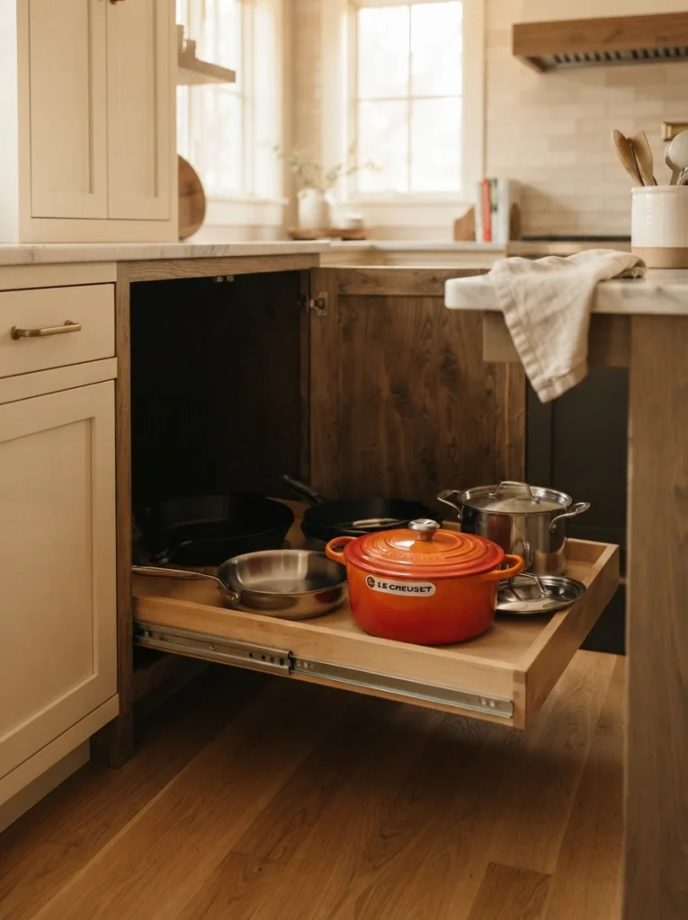 A sliding shelf extended from a deep lower cabinet, bringing cookware from the back into full view, warm kitchen lighting, vertical Pinterest photography, warm accessible styling.