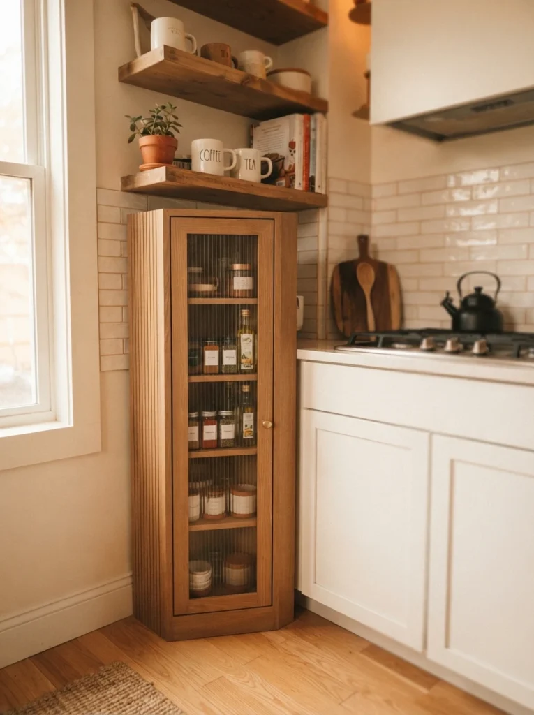 ![A slim angled cabinet installed against a studio kitchen wall, adding extra storage without taking up much floor space, warm kitchen lighting, vertical Pinterest photography, warm slim-profile styling.]