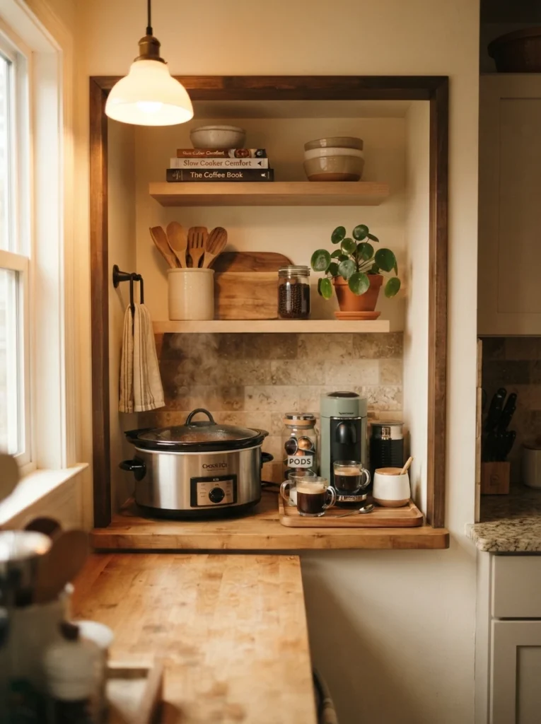 A slow cooker and coffee station set up in an awkward kitchen nook, off the main counter, warm kitchen lighting, vertical Pinterest photography, warm nook-storage styling.