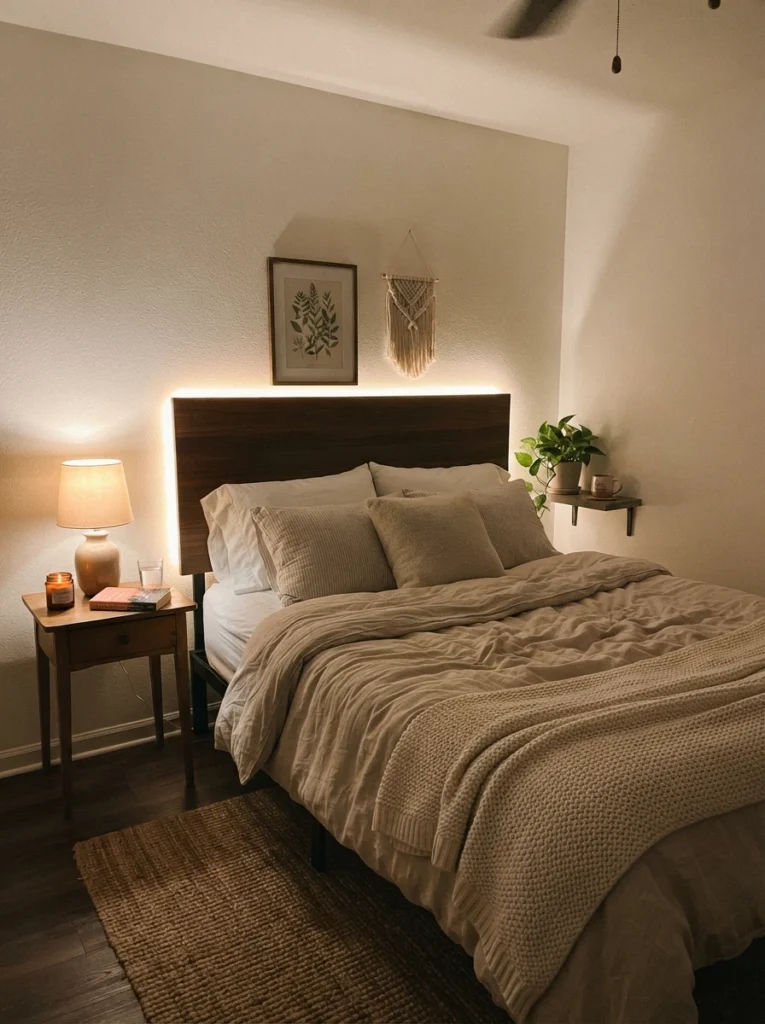 A small apartment bed with warm LED strip lighting glowing softly behind the headboard, hotel-style halo effect, cozy neutral bedding, evening ambiance, vertical Pinterest photography, warm boutique tones.