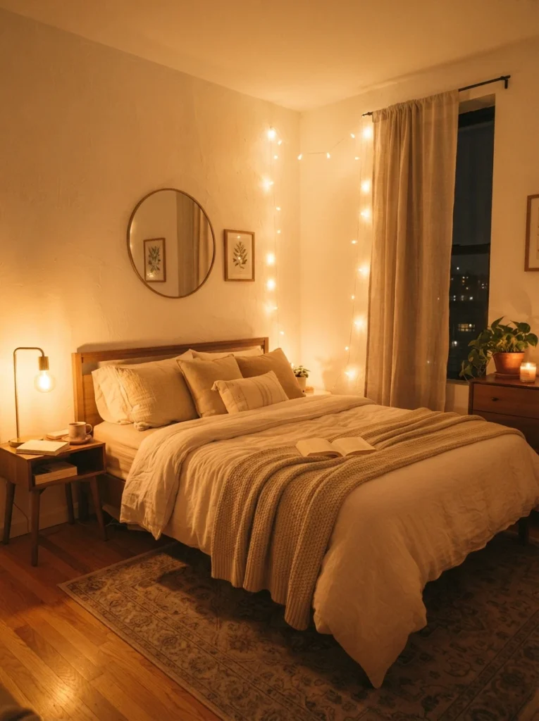 A small apartment bedroom bathed entirely in consistent warm 2700K light, no cool white tones mixing in, cozy neutral bedding, evening ambiance, vertical Pinterest photography, warm golden atmosphere.