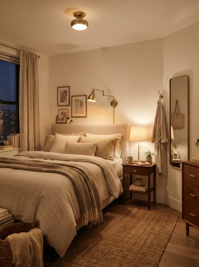 A small apartment bedroom with every light fixture in matching brushed brass finish, cohesive warm styling, cozy neutral bedding, evening ambiance, vertical Pinterest photography, warm consistent tones.