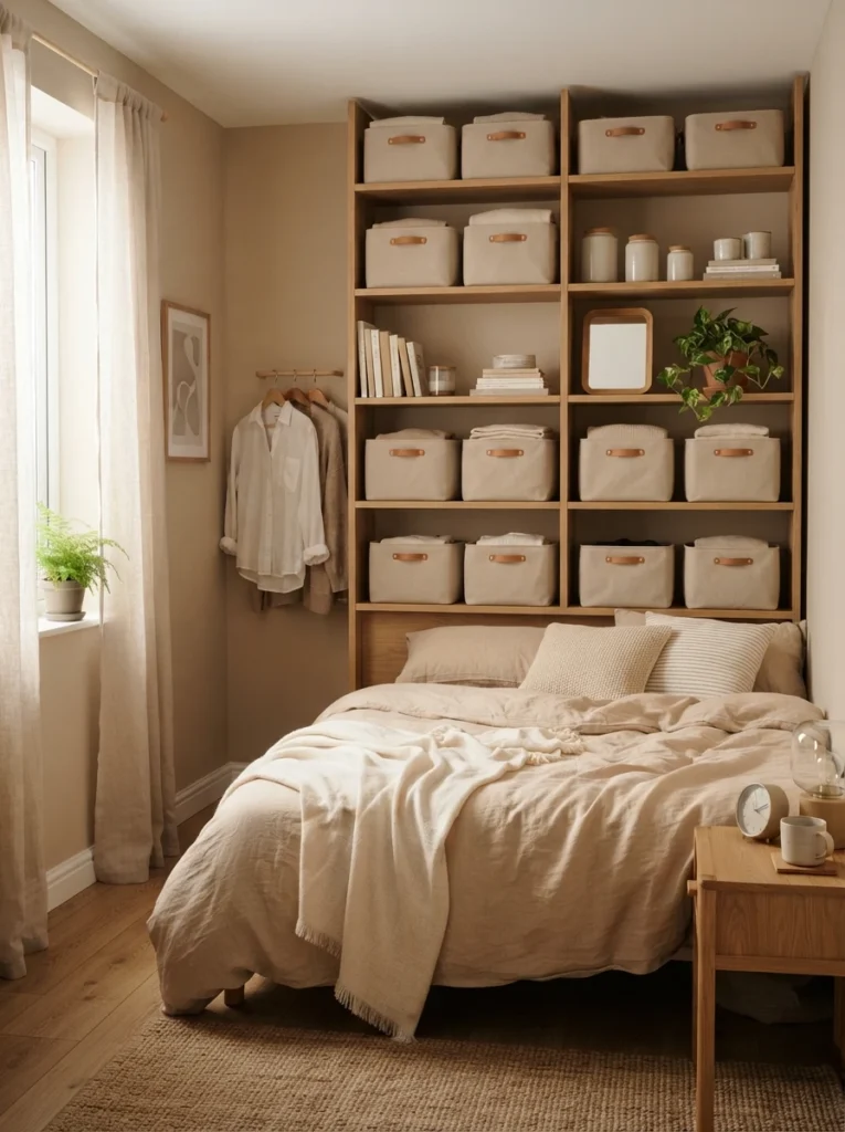 Small apartment bedroom with matching neutral storage containers on open shelves, warm beige and oak tones, realistic cozy atmosphere, soft daylight through curtains, visually calm organization system, minimal clutter, Pinterest-style ultra realistic interior photography