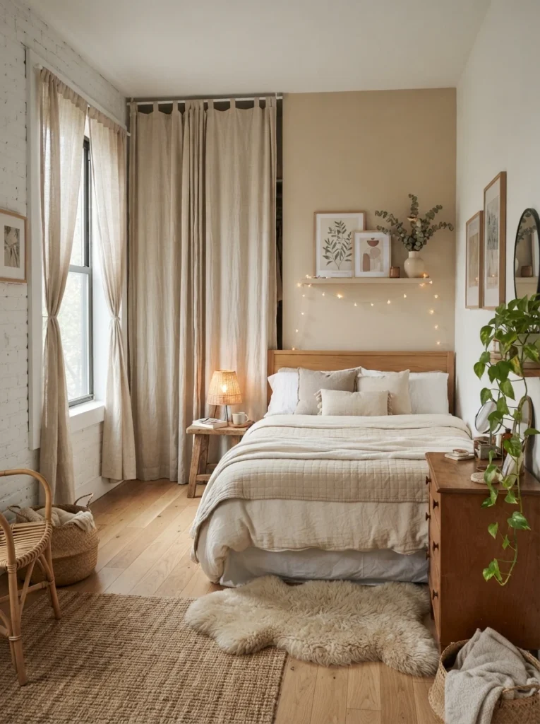 Small cozy apartment bedroom with floor-to-ceiling linen curtains hiding open storage area, soft natural lighting, warm neutral tones, realistic compact layout, calming layered textures, airy renter-friendly aesthetic, Pinterest-style ultra realistic photography