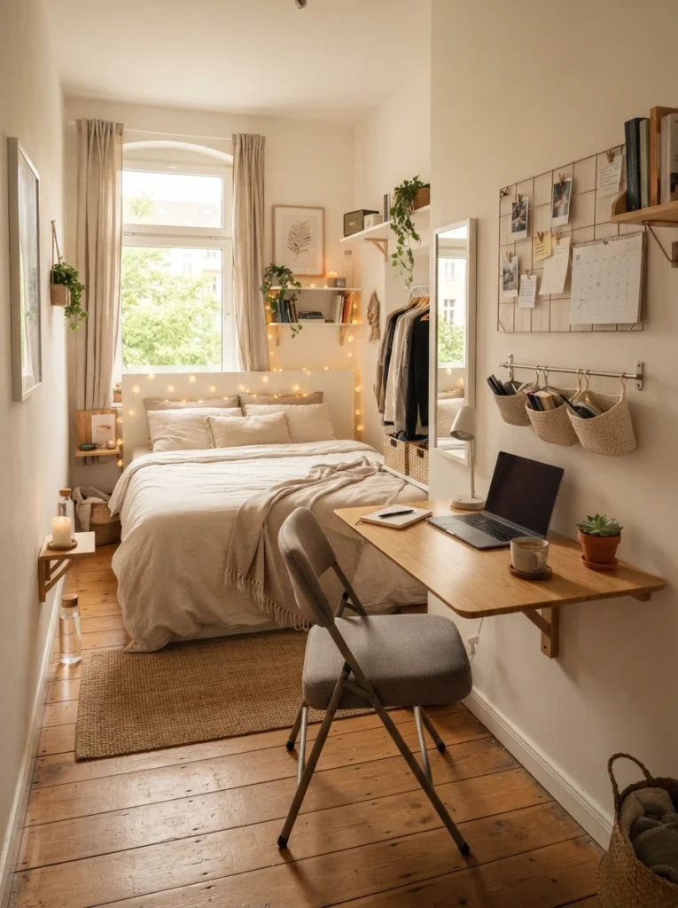 Tiny multi-functional apartment bedroom with foldable desk setup, warm natural lighting, cozy neutral decor, realistic small-space proportions, renter-friendly organization, soft textures, Pinterest-style ultra realistic home interior photography
