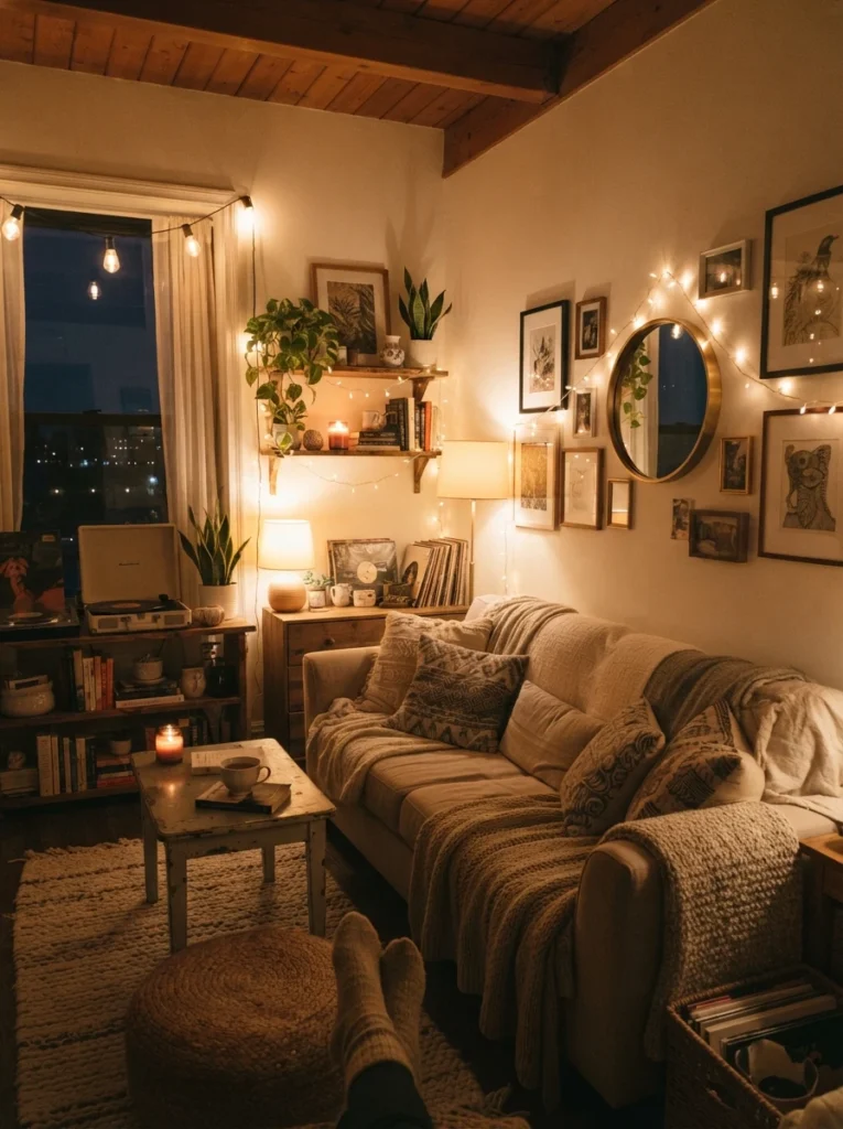 A small apartment room lit entirely in warm white bulbs, cozy lived-in atmosphere, neutral styling, evening ambiance, vertical Pinterest photography, warm inviting tones.