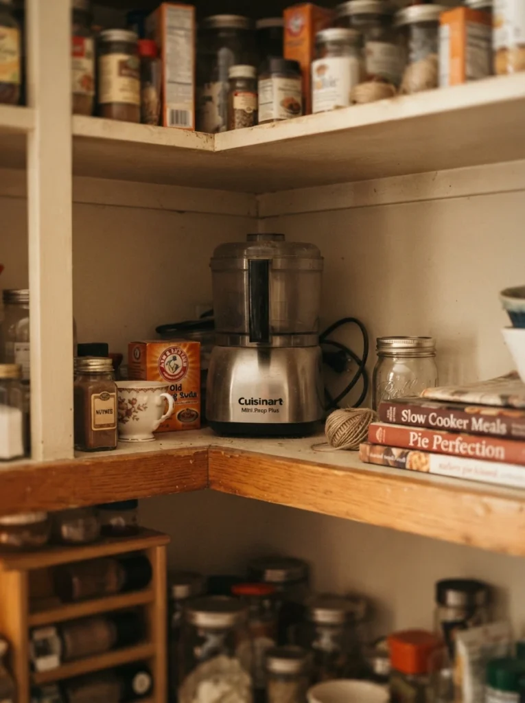 A small appliance stored at the very back of a top pantry shelf, rarely accessed, warm kitchen lighting, vertical Pinterest photography, warm out-of-the-way styling.