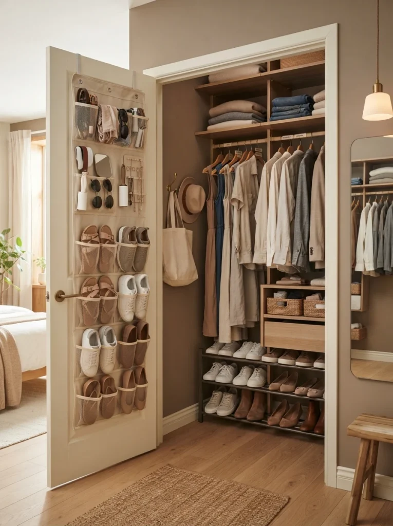Realistic small bedroom closet with organized door storage system, warm neutral color palette, compact apartment design, soft natural lighting, visually clean organization setup, cozy and functional atmosphere, ultra realistic Pinterest interior photography