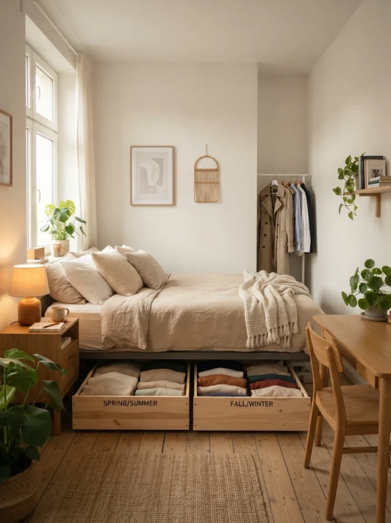 Realistic small bedroom with organized seasonal clothing storage under bed, soft cozy atmosphere, neutral apartment decor, warm daylight, uncluttered minimalist styling, practical renter-friendly organization system, Pinterest-worthy ultra realistic photography