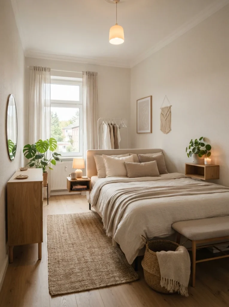 Ultra realistic calming small bedroom with soft neutral palette, minimal visible clutter, warm layered lighting, balanced furniture spacing, cozy apartment atmosphere, airy realistic layout, visually quiet Pinterest-style interior photography