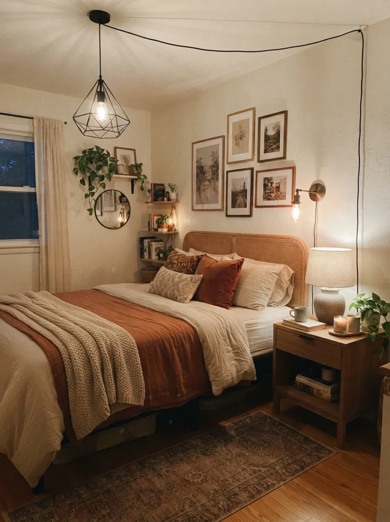 A large mirror framed by two warm wall sconces in a small bedroom, soft glow reflecting into the room, cozy neutral styling, evening ambiance, vertical Pinterest photography, warm refined tones.