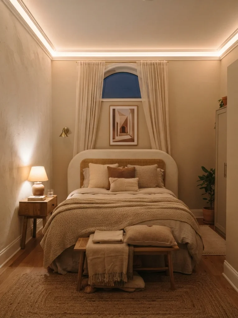 A small bedroom with warm perimeter LED lighting installed around the edge of the ceiling, soft floating glow, cozy neutral bed below, evening ambiance, vertical Pinterest photography, warm architectural tones.