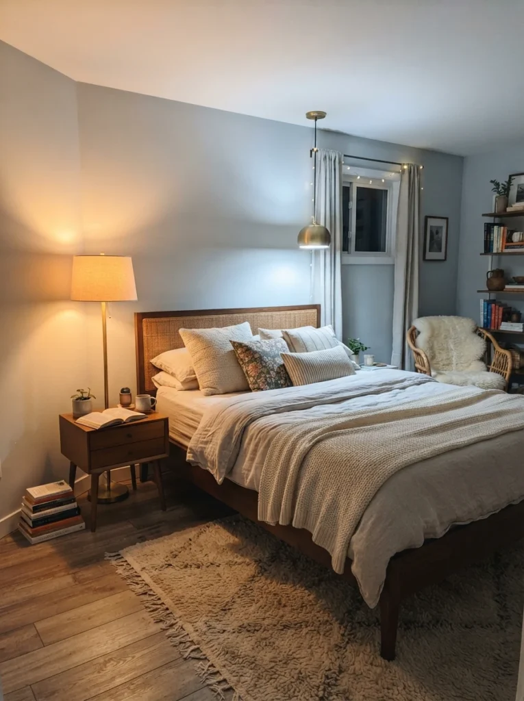  A small bedroom with cool neutral general lighting and one warm accent lamp glowing in a corner, balanced contrast, cozy styling, evening ambiance, vertical Pinterest photography, warm and cool balanced tones.