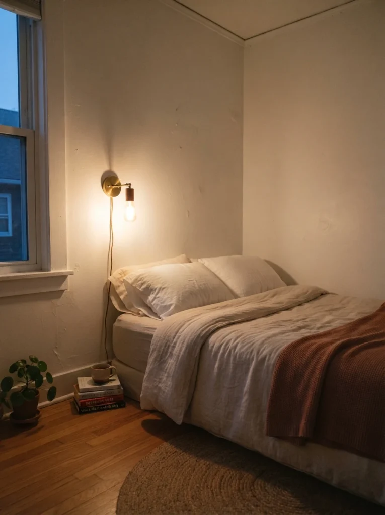 A small bedroom with the bed pushed into a corner and no nightstands, a single warm plug-in sconce mounted directly above the headboard area, soft focused glow over the pillow, minimalist cozy styling, evening ambiance, vertical Pinterest photography.