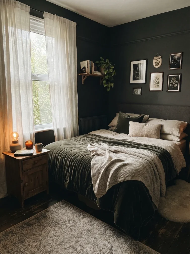 A small dimmable pendant light with a dark smoked glass shade hanging low in a moody bedroom, warm ambient glow, deep jewel-toned walls, cozy bedding below, evening atmosphere, vertical Pinterest photography, warm dramatic tones.