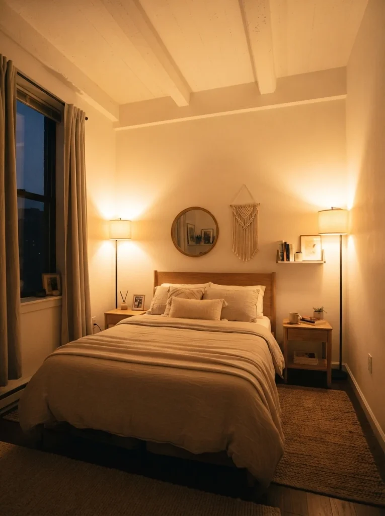 Small bedroom interior with two matching uplight floor lamps positioned in opposite corners, warm golden light washing up the white ceiling and reflecting softly back into the room, neutral bedding, simple wooden furniture, high ceiling illusion, evening lighting, vertical Pinterest composition, warm and inviting color grading.