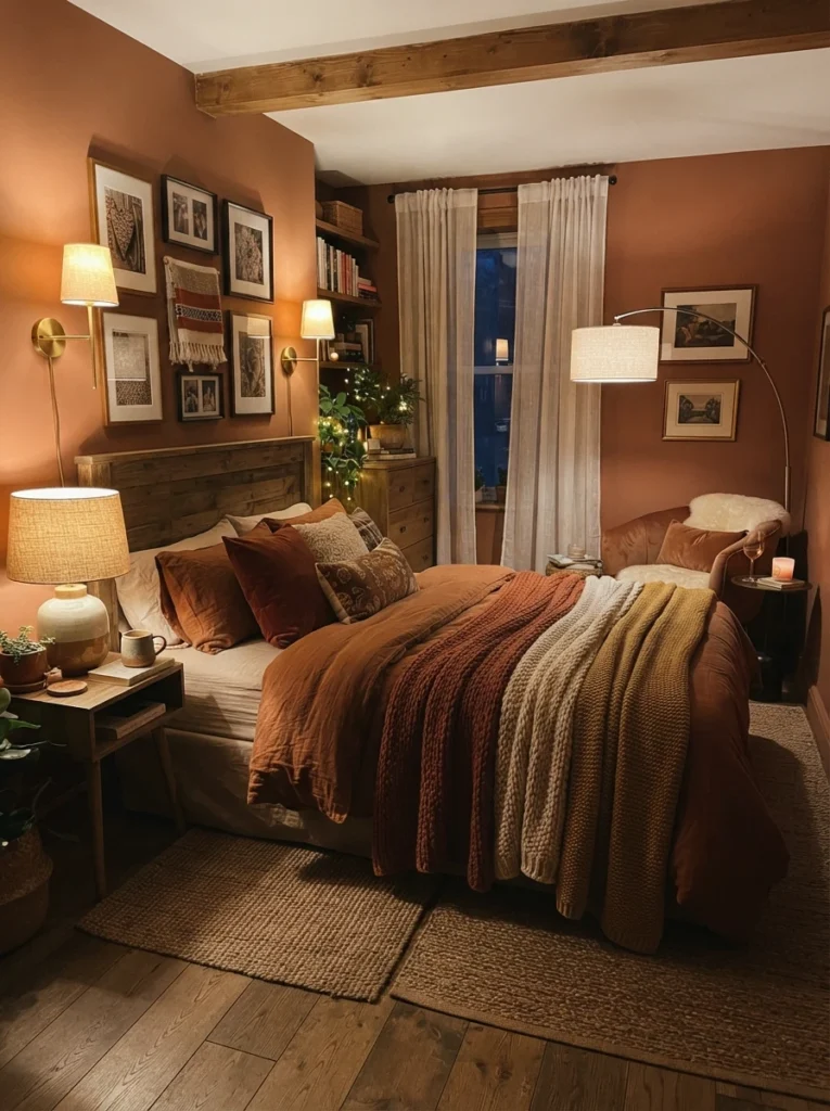 A small bedroom with multiple layered light sources at once, table lamp, floor lamp, and wall sconce, cozy depth and warmth, evening ambiance, vertical Pinterest photography, warm layered luxury tones.