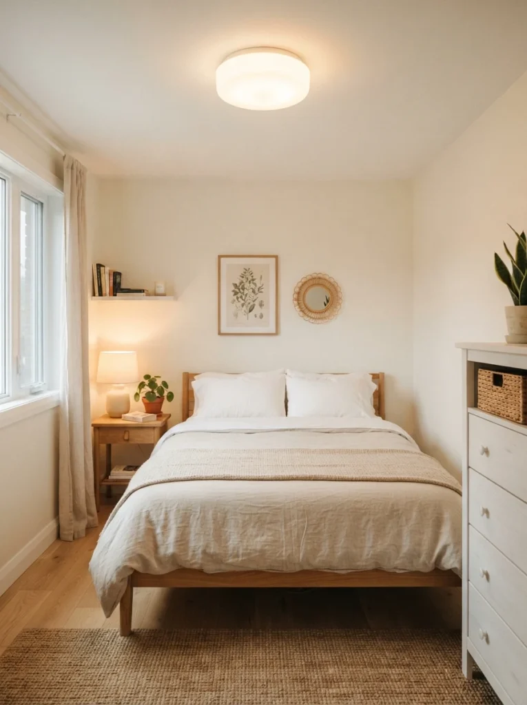  A small bedroom with a soft frosted glass ceiling fixture diffusing even warm light across the room, no harsh shadows, neutral bedding, calm open atmosphere, vertical Pinterest interior photography, warm bright tones.