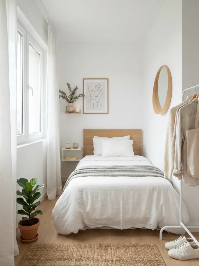A small bedroom lit in neutral cool-white general lighting, bright open atmosphere, clean minimalist styling, daytime ambiance, vertical Pinterest photography, crisp airy tones.
