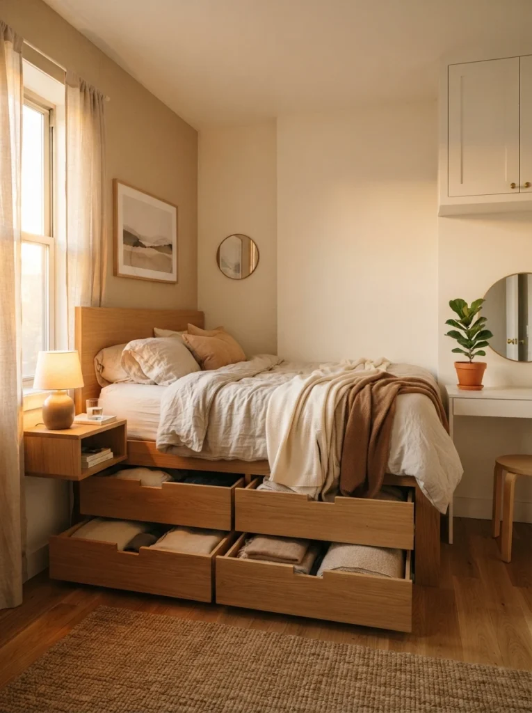 Ultra realistic small bedroom with built-in storage bed drawers, warm neutral bedding, soft golden hour lighting, realistic apartment proportions, clutter-free cozy atmosphere, functional modern furniture, Pinterest interior design photography style