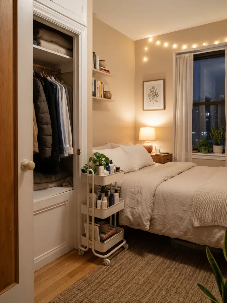 Realistic small bedroom with slim rolling storage cart beside compact closet, soft beige and white decor palette, warm evening lighting, apartment-sized furniture proportions, cozy organized atmosphere, ultra realistic Pinterest interior photography
