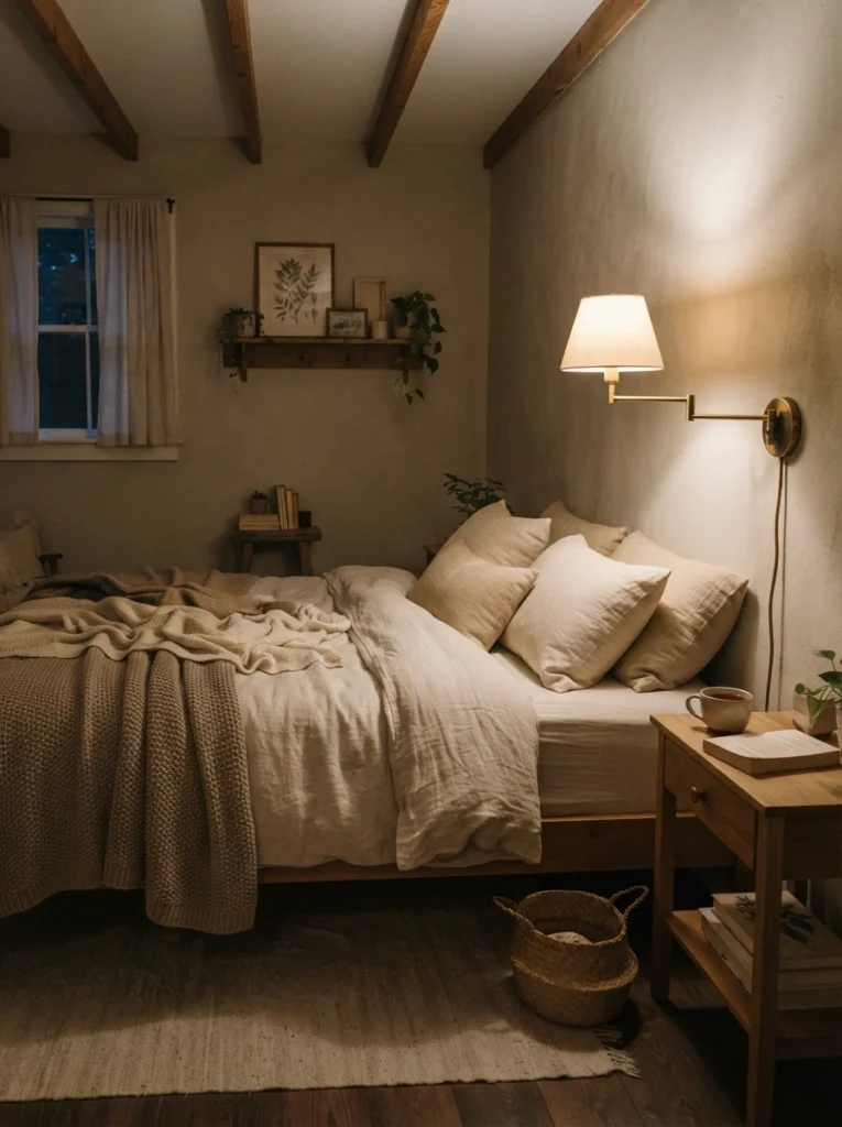 A small bedroom with a wall-angled light fixture casting a soft glow sideways instead of straight down, warm indirect illumination, cozy neutral bedding, evening ambiance, vertical Pinterest photography, warm angled lighting.