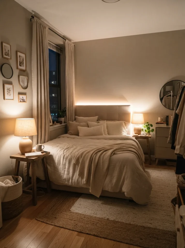 Ultra realistic small bedroom with layered warm lighting, soft bedside lamps, ambient LED glow behind headboard, cozy neutral decor, calming evening atmosphere, realistic compact apartment layout, Pinterest-worthy cinematic interior photography