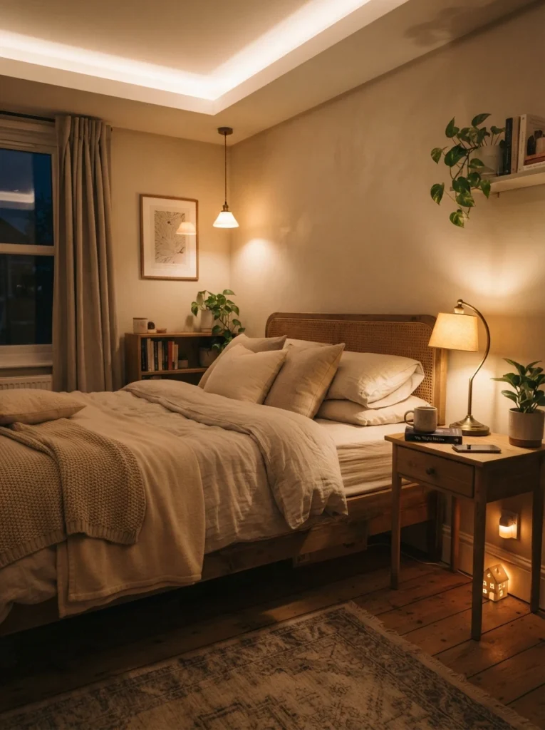 A small bedroom with three distinct warm light layers visible at once, a soft ceiling glow, a bedside lamp, and a small accent night light, cozy layered atmosphere, neutral bedding, evening ambiance, vertical Pinterest interior photography, warm tones.