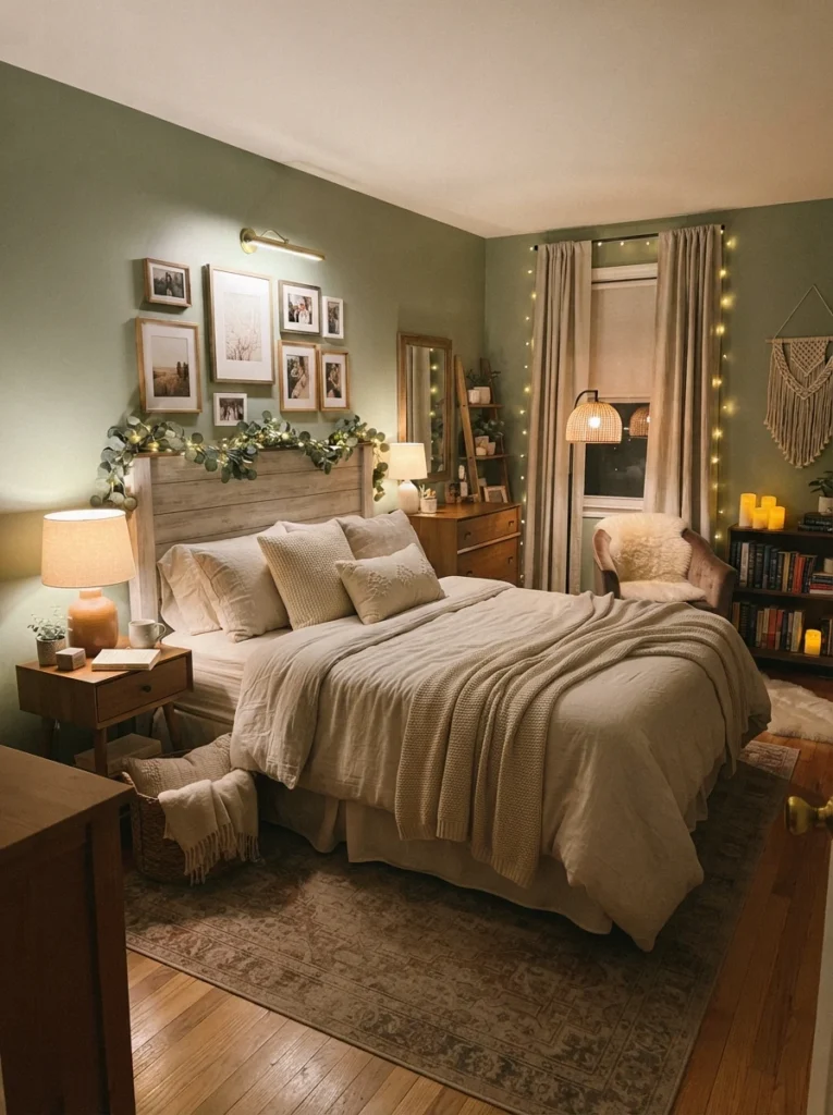 A small bedroom with several smaller light sources placed around the perimeter rather than one central fixture, warm even glow throughout, cozy neutral bedding, evening ambiance, vertical Pinterest photography, warm distributed tones.